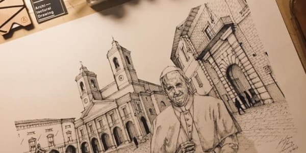 Papa Francesco a Camerino: l'illustrazione di Giuliana Cangelosi