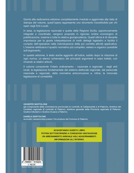 Enti locali legislazione nazionale e della Regione Sicilia - IV di Copertina